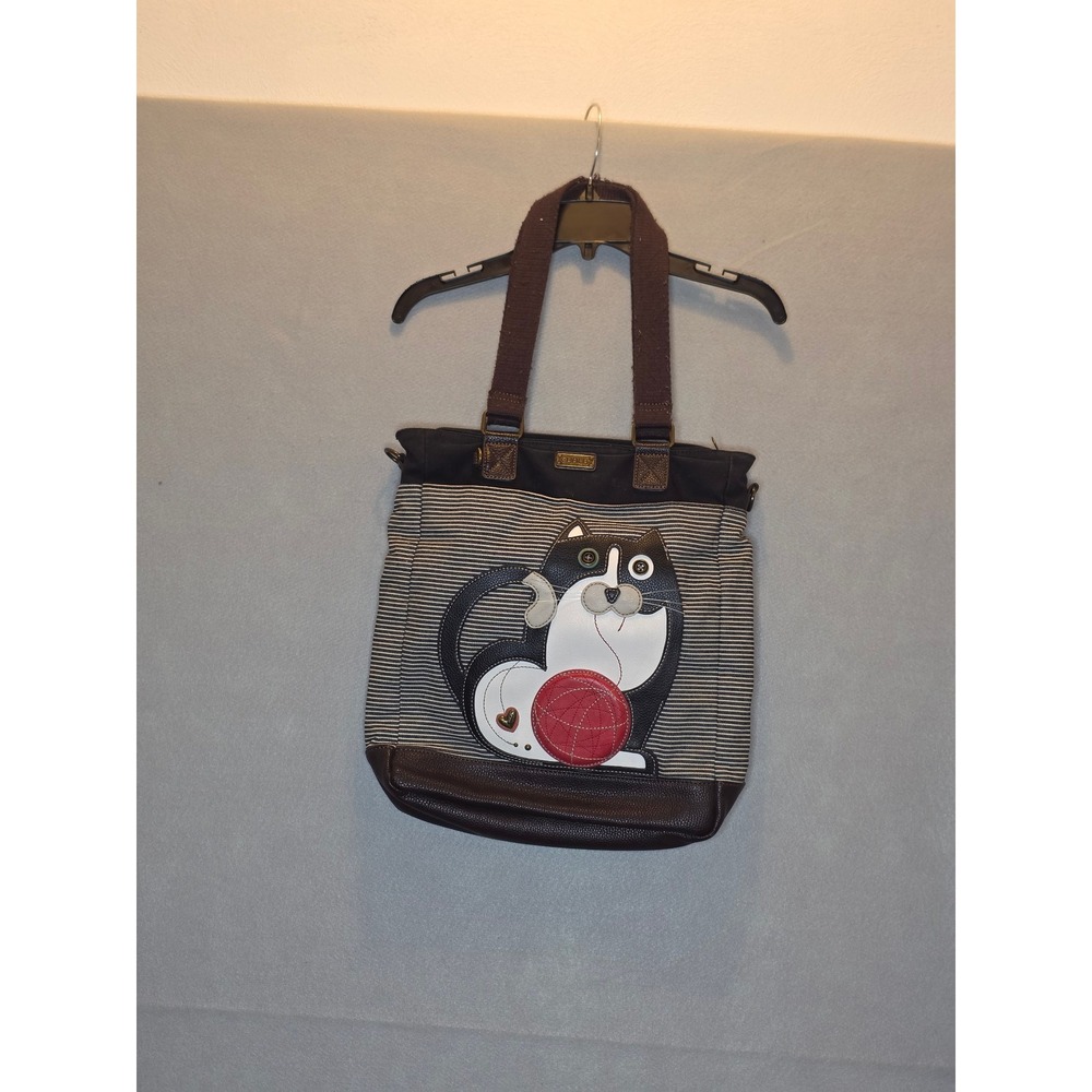 Chala Handbags Tuxedo Cat Yarn Ball Striped Canvas Faux Leather Tote Bag Brown